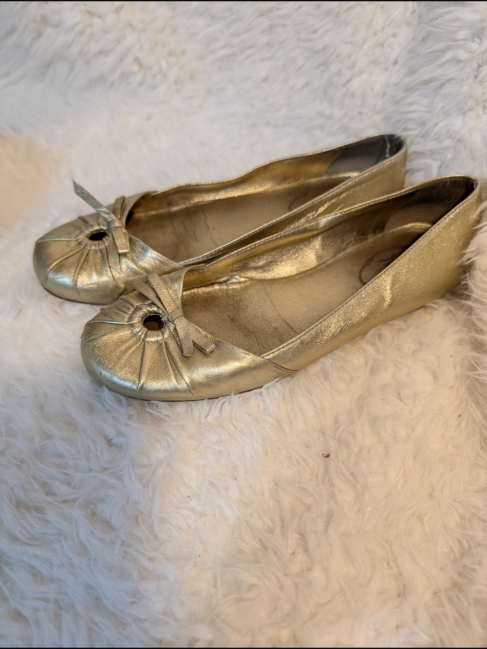 Prada Metallic Gold Ballet Flats with Bow Detail